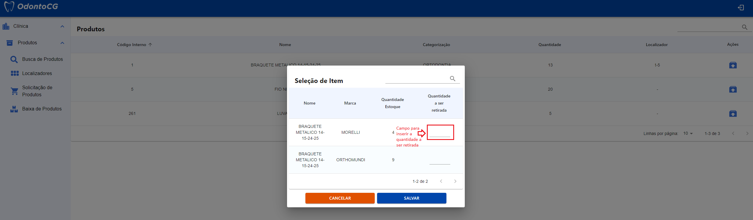 Figura 21 - Tela para inserir a quantidade a ser retirada a um item.