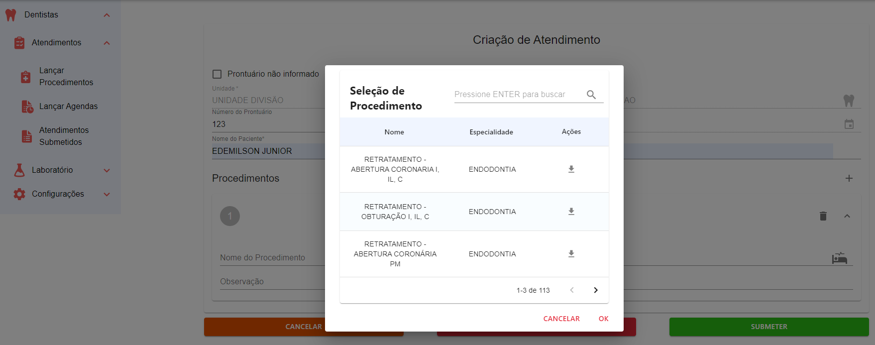 Figura 11 - Seleção de procedimentos em um atendimento.