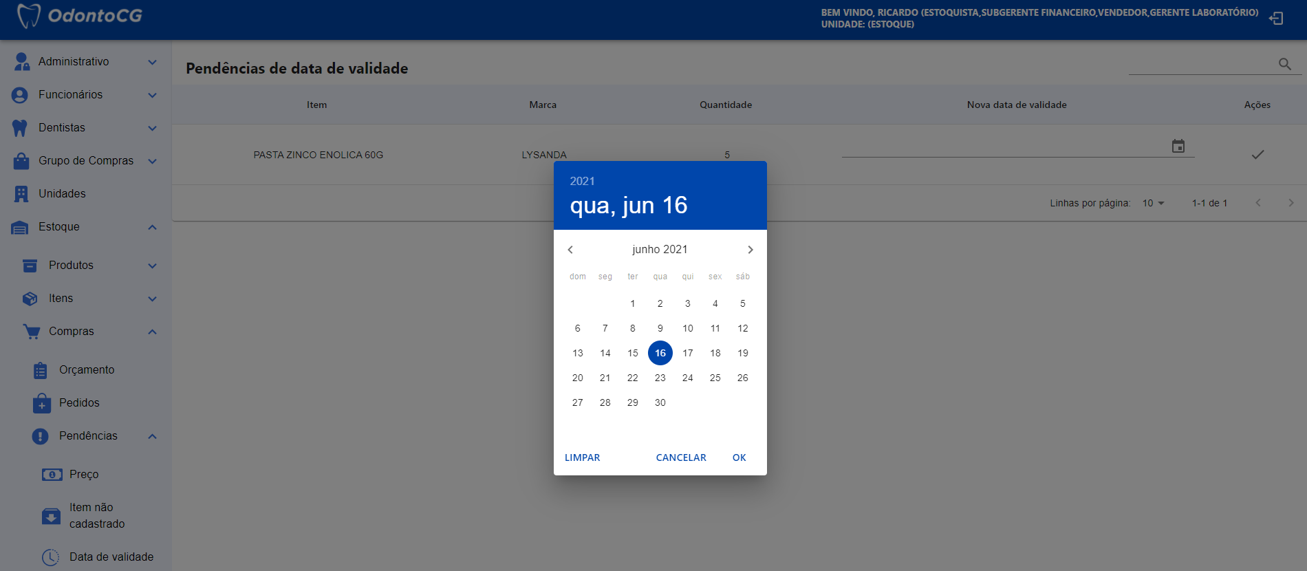 Figura 10 - Inserção da data de validade de um item.