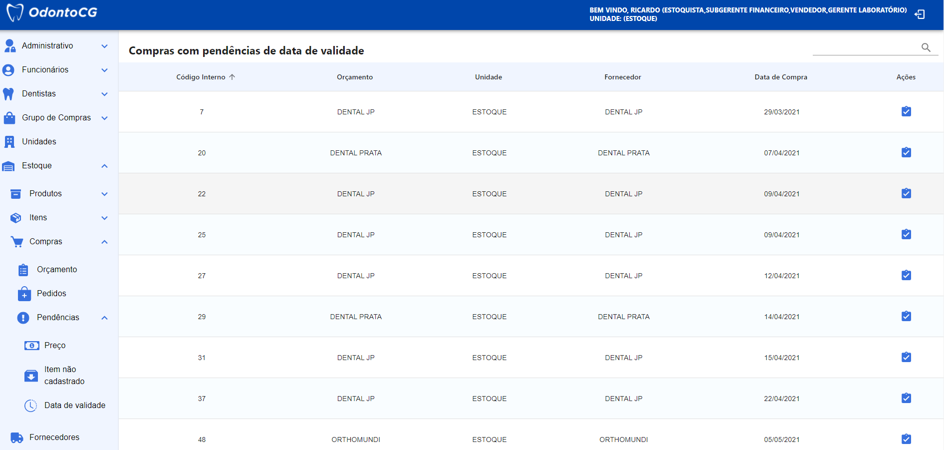 Figura 7 - Botão para listagem de compras com pendências de data de validade para itens.