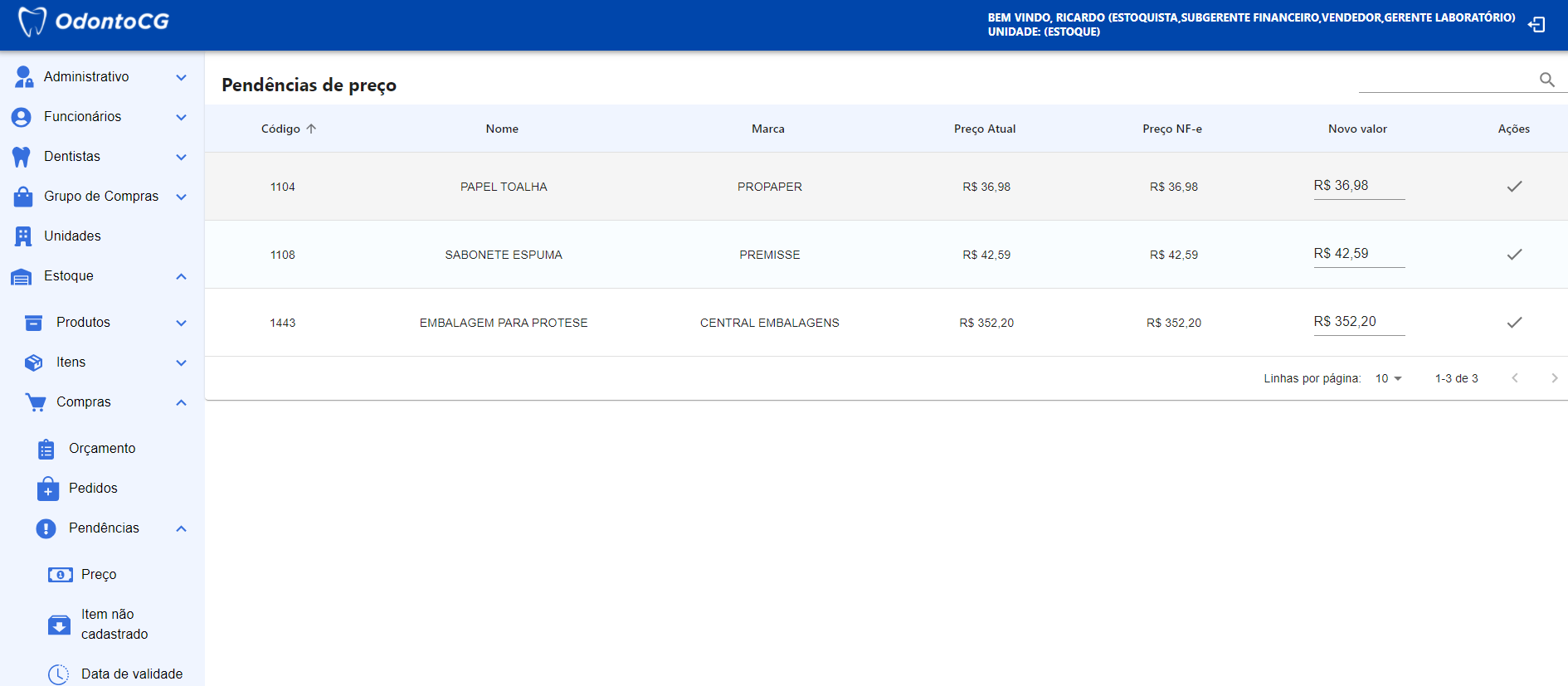 Figura 3 - Tela de listagens de itens com pendência de preços.